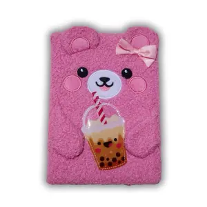 Kawaii Boba Bear Plush Notebook - Cute Back to School Hardcover Journal for Girls in Lavender Cream & Strawberry Pink Colors with 3D Features & 100+ Lined Pages