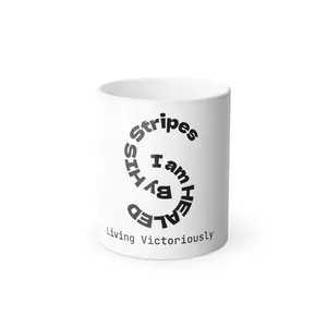 11oz Glossy Printed Ceramic Coffee Mug - "I am Healed by His Strips" Circle Text Line Drinkware, Reusable Washable Cup for Living Victoriously