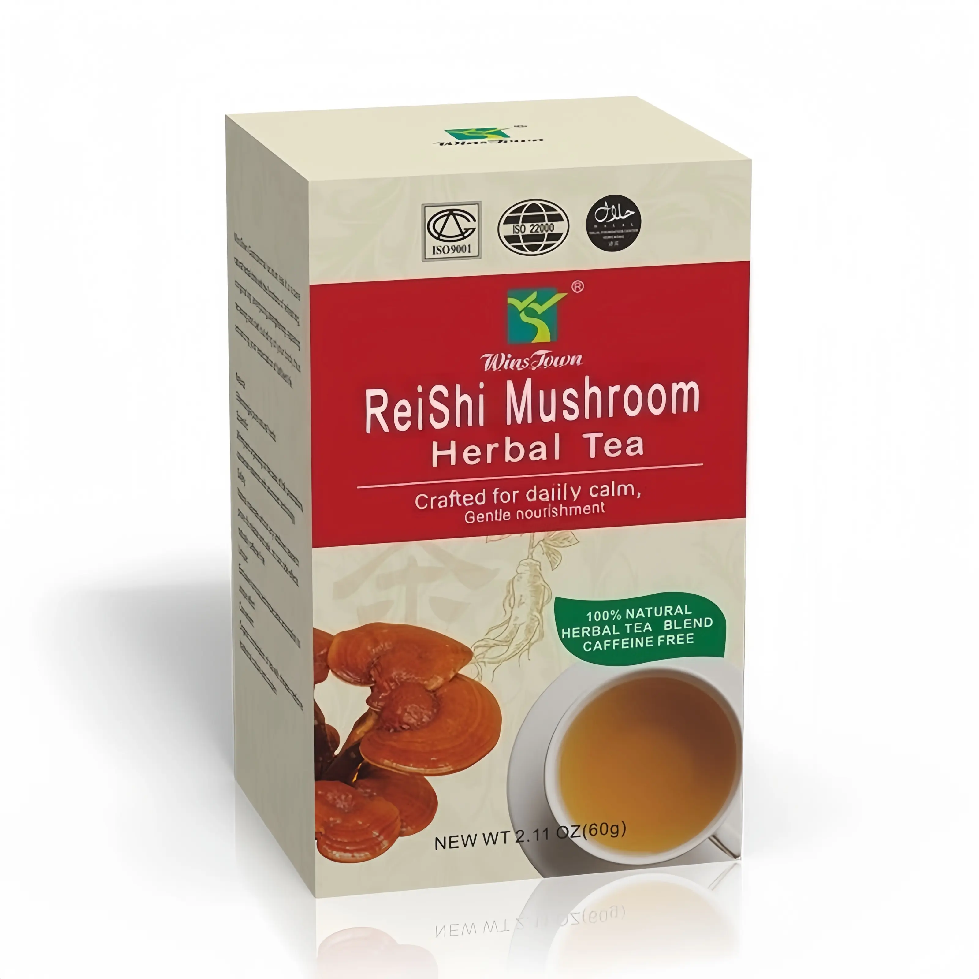 WinsTown Natural Reishi Mushroom Herbal Tea - Caffeine-Free, Nature-Infused, 2.11 oz (60g), 24-Month Shelf Life, Calm Relaxing Daily Nourishment Drink Mix, Cupboard-Storable, Youth-Supportive Food & Beverage Tea