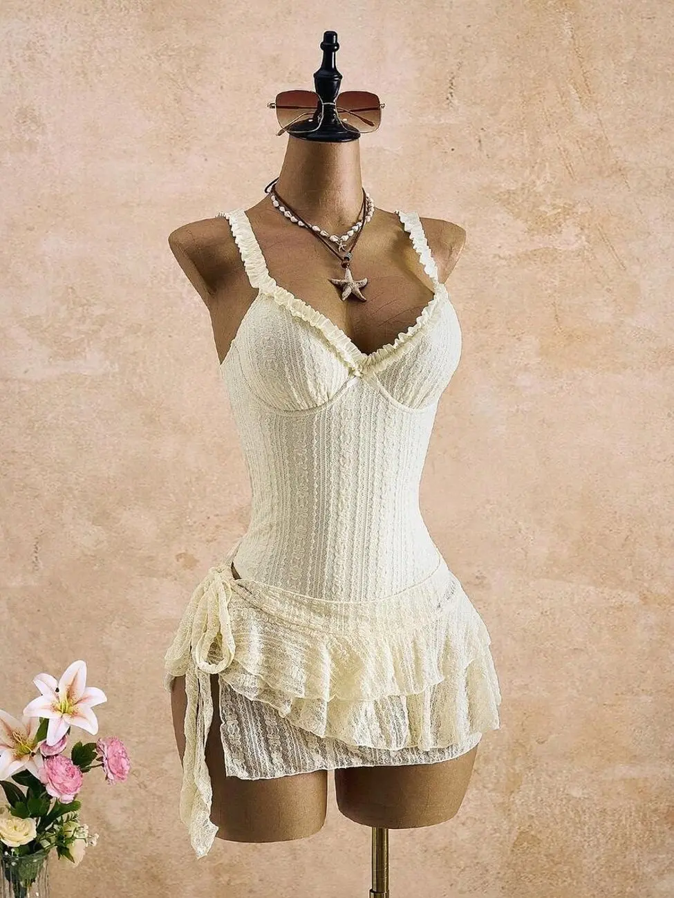 Bellisia Ivory Lace Corset One-Piece Swimsuit & Ruffle Skirt Set | Frilled Strap Bustier Swimsuit | Beach Bridal Honeymoon 2PC Bathing Suit