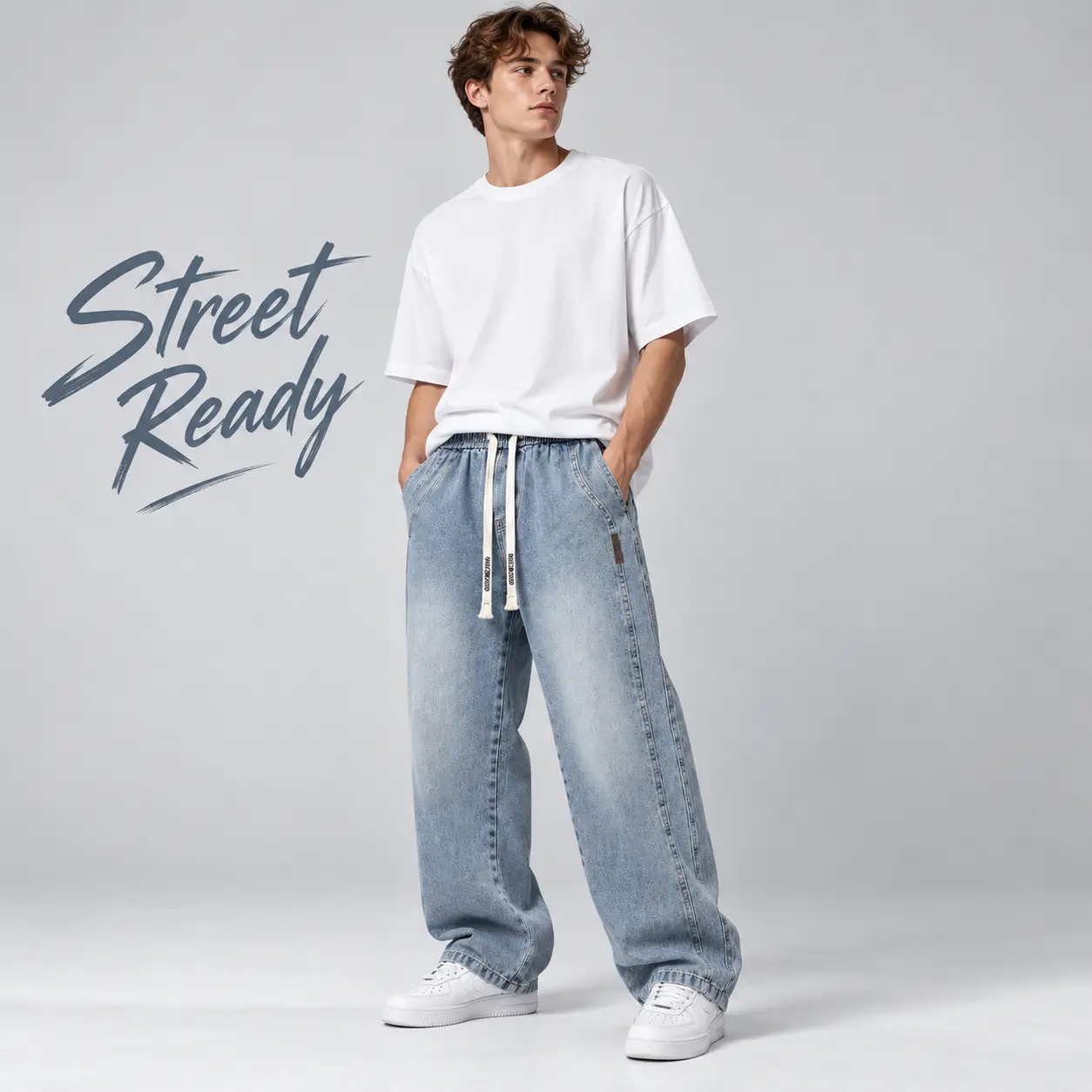 Men's Plain Wide-Leg Baggy Denim Pants - Vintage Washed, Elastic Waist with Adjustable Drawstring, Casual Y2K Streetwear, Soft Comfortable Fabric, Oversized Hip Hop Long Trousers