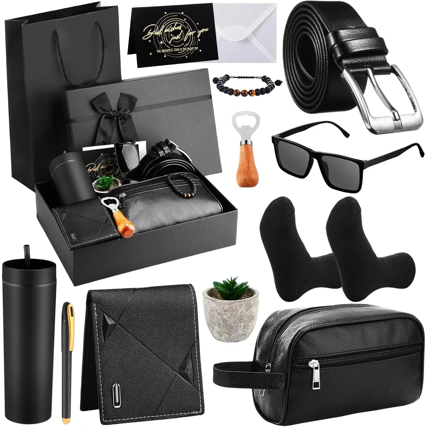 13 count Birthdays Gifts Baskets for Men  for Men Birthdays  Box 16 oz Tumblers Wallet Toiletry Bag Belt Sock Bottle Opener Bracelet Glasses Pen for Dad Boyfriend Husband