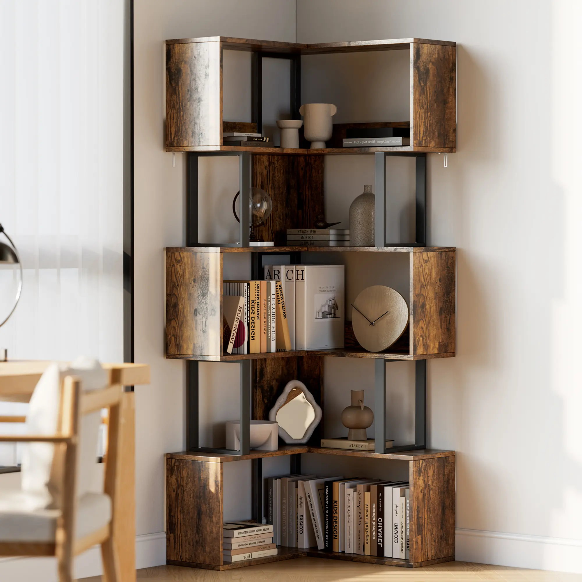 Corner Bookshelf, 62.6'' Tall 6-Tier l-Shaped Corner Bookcase, Industrial Metal & Wood Freestanding Shelf with Baffle, Space-Saving Display Storage for Living Room, Home Office, Bedroom,Brown/Black/White