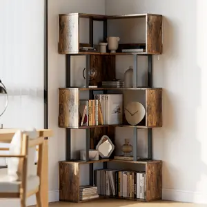 Corner Bookshelf, 62.6'' Tall 6-Tier l-Shaped Corner Bookcase, Industrial Metal & Wood Freestanding Shelf with Baffle, Space-Saving Display Storage for Living Room, Home Office, Bedroom,Brown/Black/White