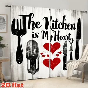 2D Flat 2Pcs Kitchen Themed Curtains, Farmhouse Rustic Wood Grain Print, Black Utensils & Red Hearts Decor, Rod Pocket Semi-Sunshade Window Drapes, Perfect for Living Room, Bedroom, Dining,, Study, Shower Decoration, Anti-Privac, Home Decoration Curtain