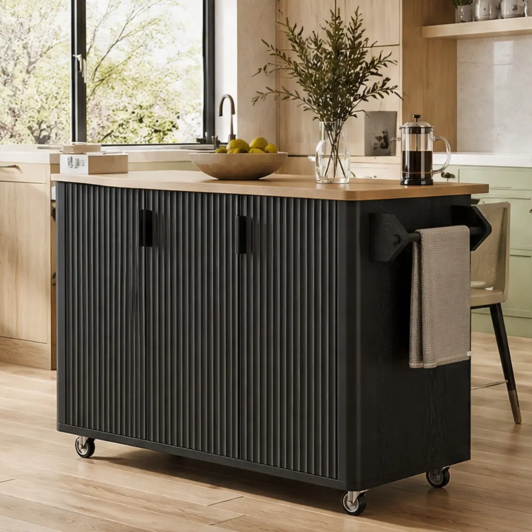 ARCH 51" Fluted Kitchen Island with Drop Leaf, Farmhouse Rolling Kitchen Cart on Wheels, Internal Storage Rack, Towel Rack, Black Ash MDF Pine, for Kitchen Dining Room, 400 lbs Capacity, Black Color Options, MDF/Pine Material, Color: Black