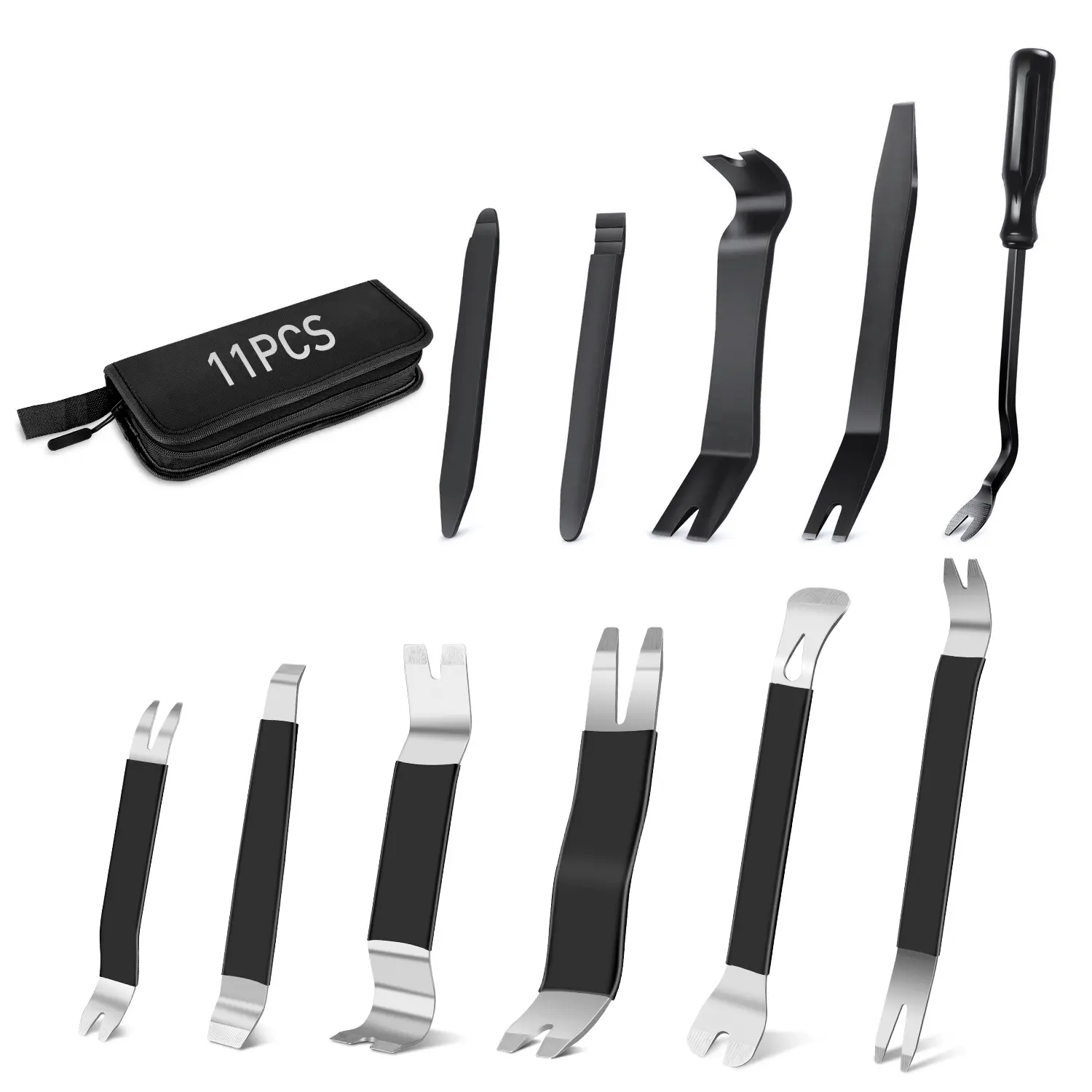GOOACC 11 PCS Trim Removal Tool Kit, Metal & Nylon Pry Tool Auto Fastener Remover Pry Bar Set Car Door Panel Removal Tool Dashboard Repair w/ Box Kit Black Toolkit Automotive Inspection Tools