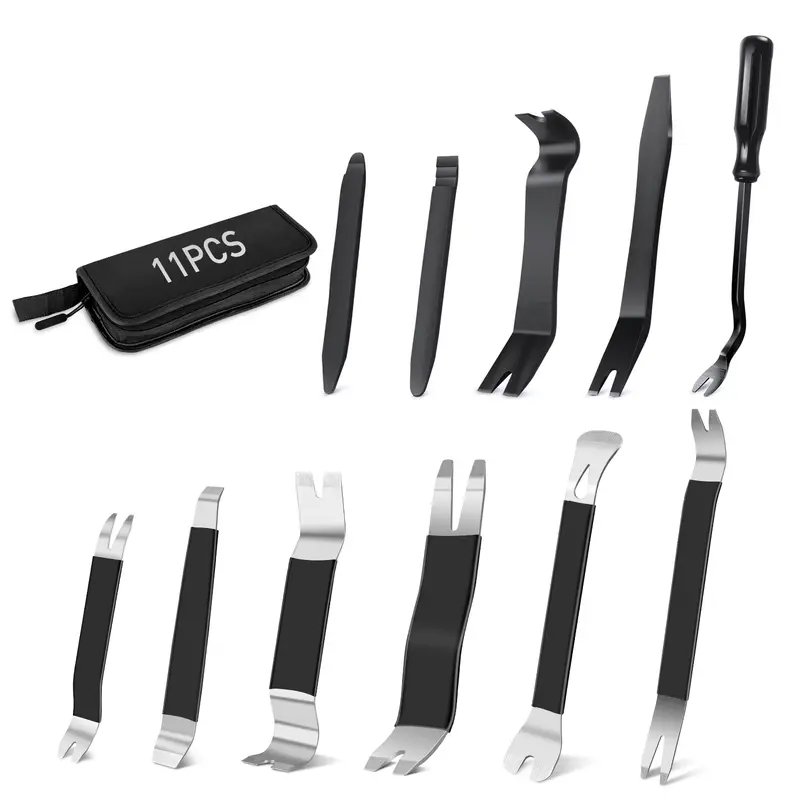 GOOACC 11-Piece Automotive Repair Toolkit - 4 Pcs Nylon Trim Tools, Metal Pry Bars, Fastener Remover for Car Door Panel, Dashboard, Car Audio with Black Storage Box