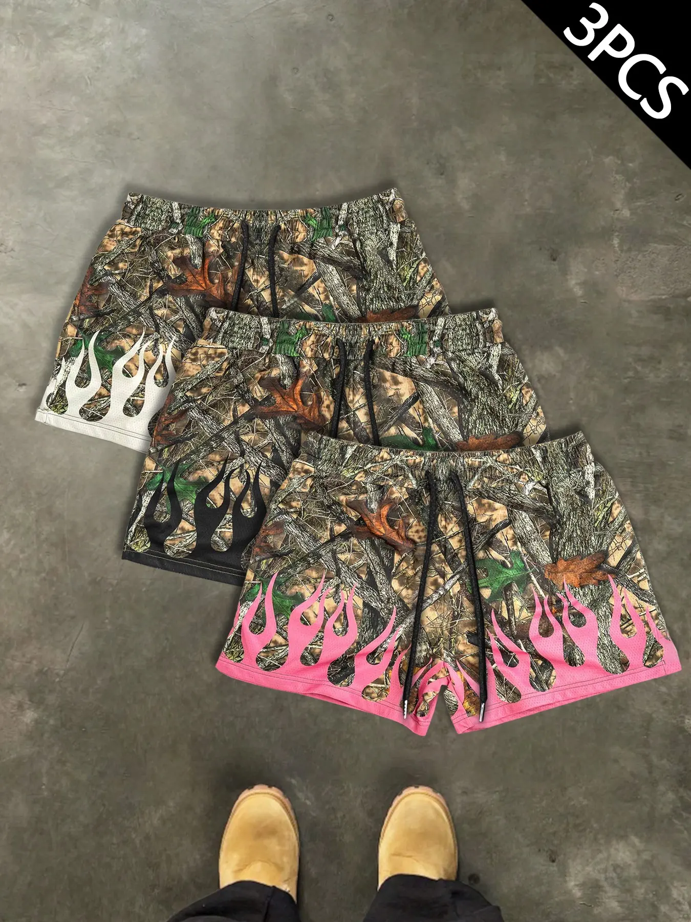 3PCS men's camouflage flame shorts, Realtree camouflage drawstring summer shorts, Y2K street sports shorts, 2026 fashionable casual beach sports shorts, Tree Print Shorts, Casual Athletic Shorts
