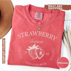 Comfort Colors Strawberry Vintage Shirt, Playful Strawberry Festival Cottagecore Tee, Aesthetic Summer Fruit Strawberry Graphic Shirt, Trendy Oversized Botanical Berry Design, Premium Garment Dyed Retro Garden Apparel
