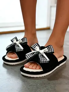 Women's Slip-On Slippers with Bow Decoration, Soft Memory Foam Sole, Breathable Indoor Home Shoes, Non-Slip Couples' Footwear