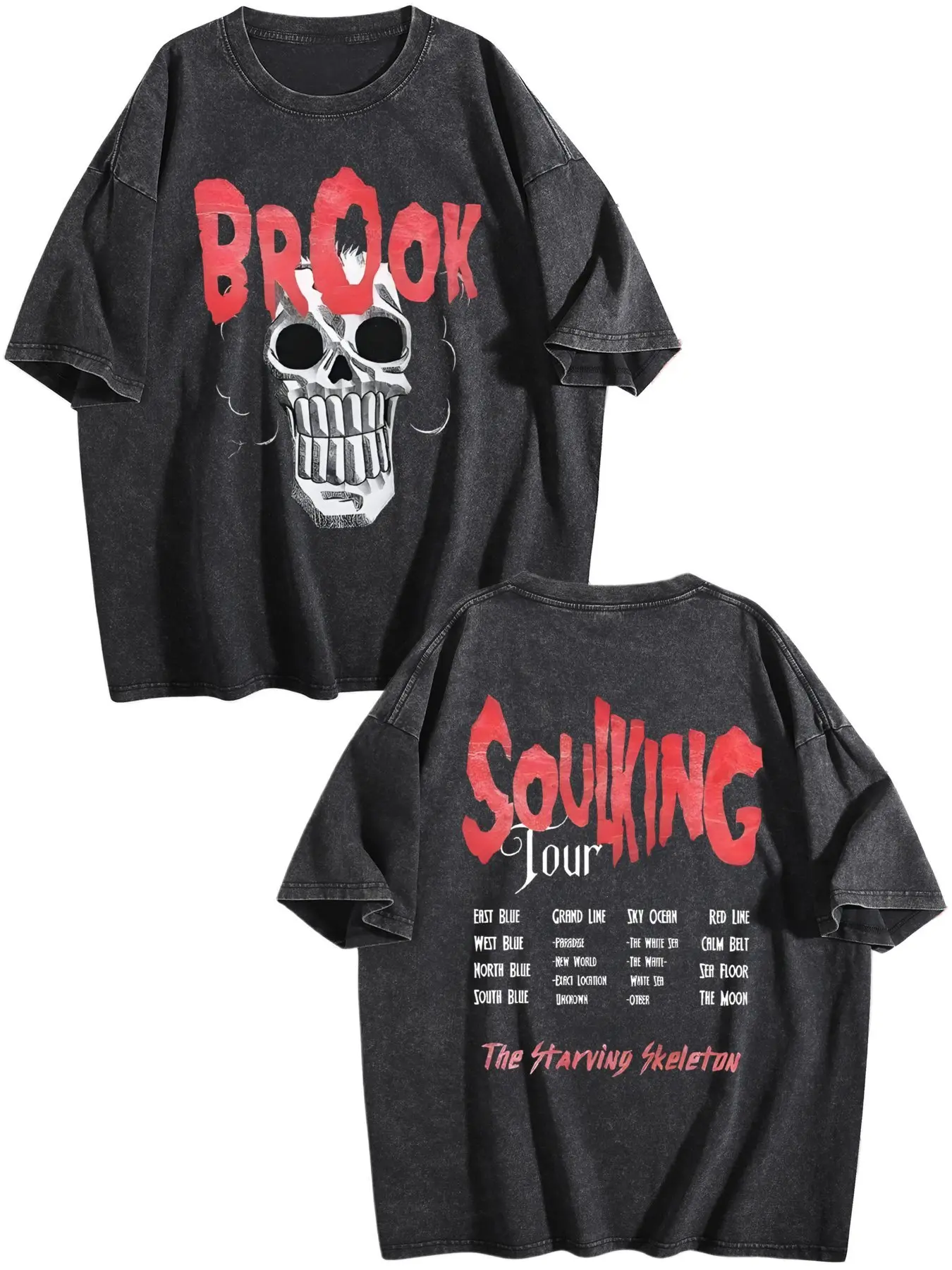 Brook "SoulKing Tour" Washed Oversized Heavyweight Cotton T-Shirt - Double-Sided Snowman Graphic, Unisex Vintage Streetwear, Anime Manga Themed, Casual Menswear Style Top, Gift for Anime Fans