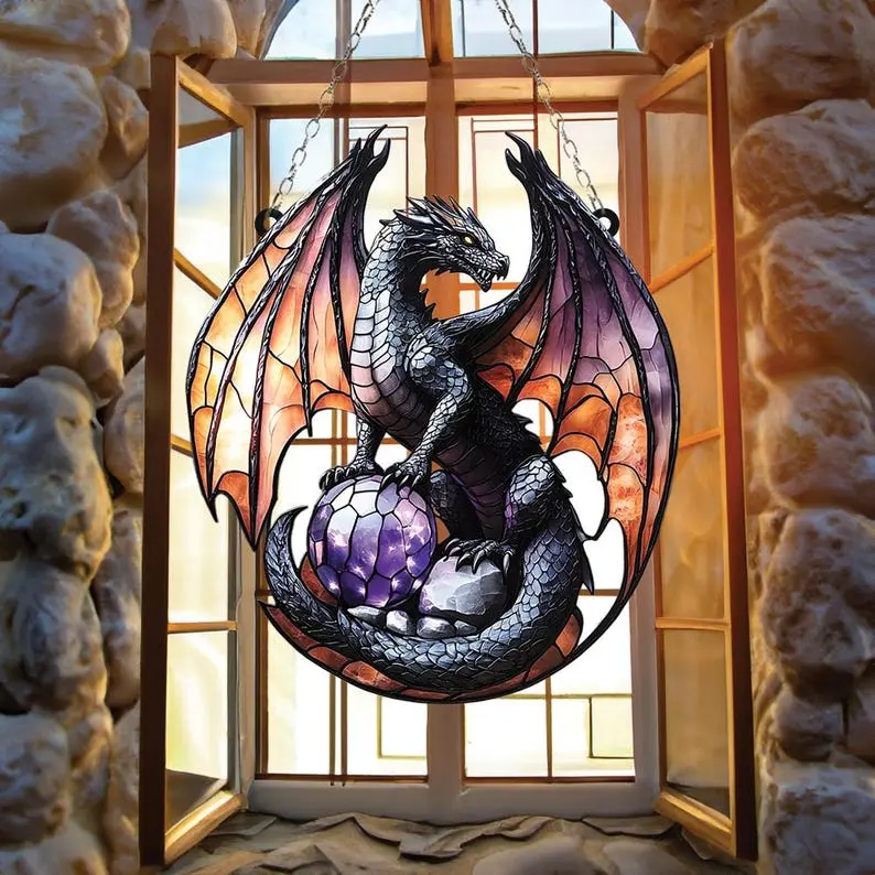 Cool Dragon Wreath Faux Suncatcher Acrylic Window Hanging Art Decoration, Special Gift For Friend, gifts boyfriend