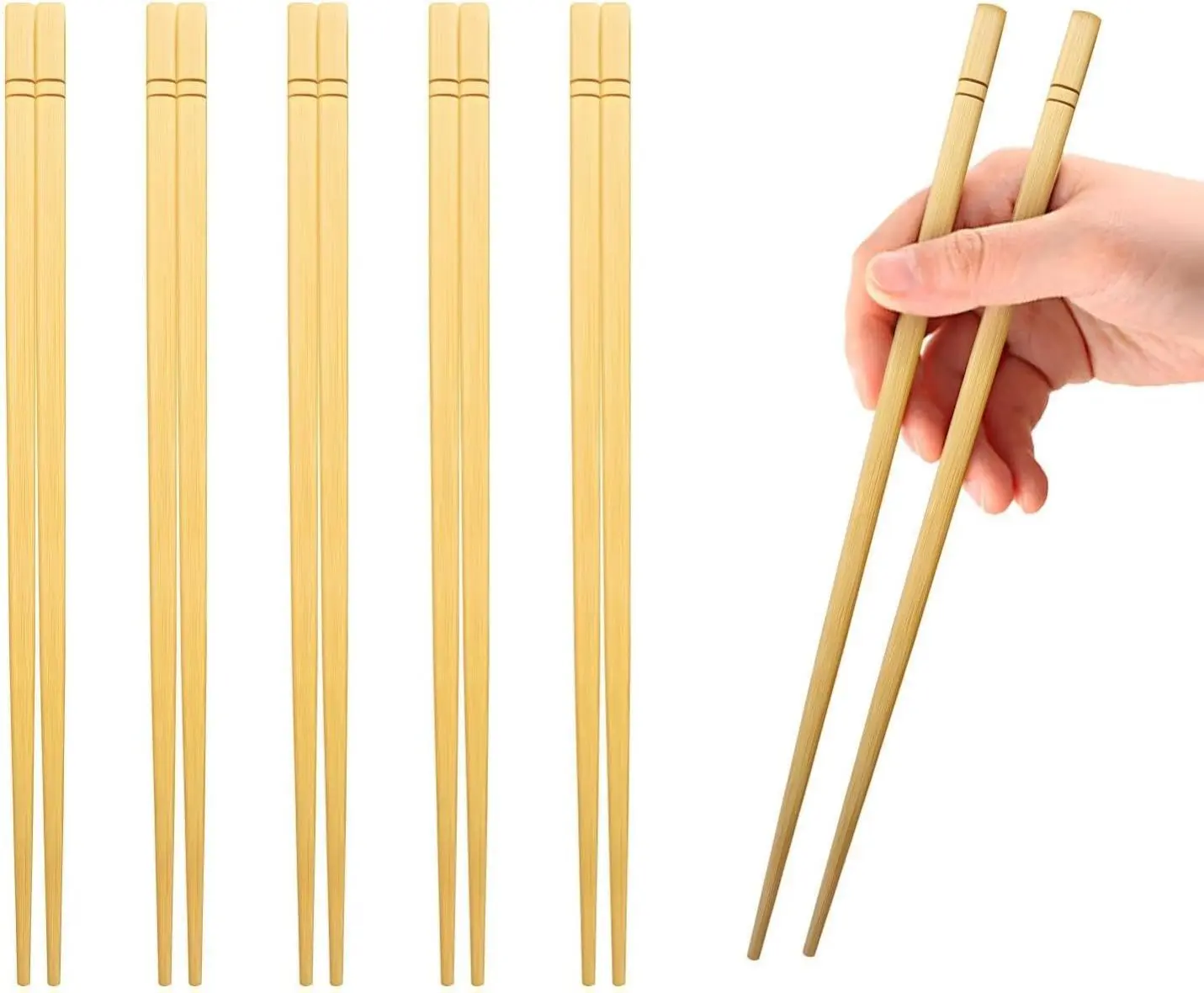 Reusable Panda Bamboo Handle Wooden Chopsticks (5 Pairs, 9.5 in) - Classic Minimalist Design, Eco-Friendly, Durable, Healthy Natural Nan Bamboo Non-Plastic Kitchen Cutlery
