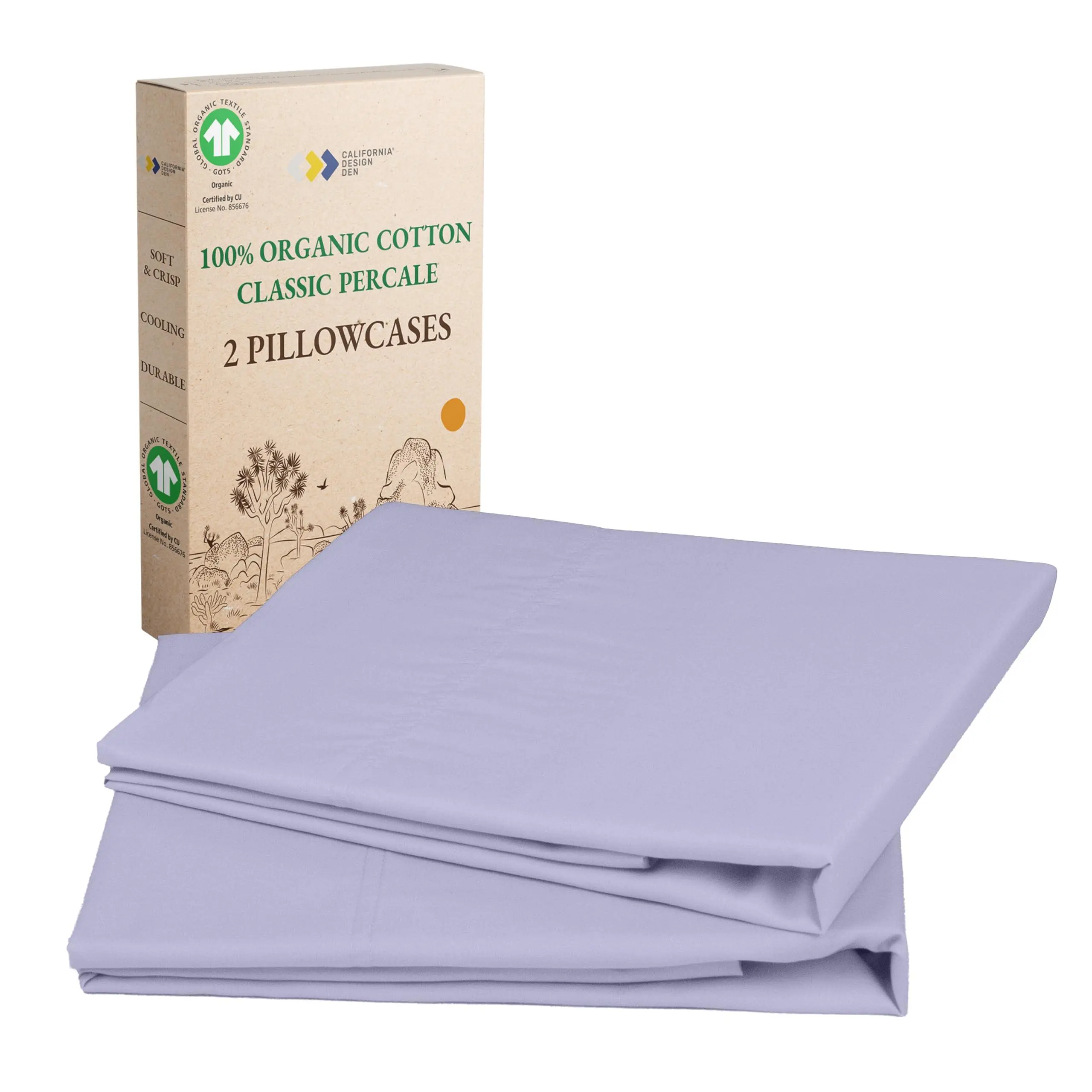 100% Organic Cotton Pillowcase Set - 300 Thread Count Percale, GOTS Certified - California Design Den