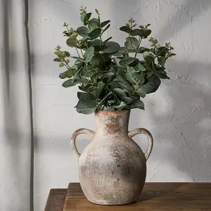 Rustic Ceramic Farmhouse Flower Vase with 2 Handles, Whitewashed Terra Cotta Vase, Decorative Pottery Flower for Home Decor, Table, Living Room, Shelf Decor, 7.3 Inch, Terra