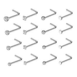 16-Piece Silver L-Bend Nose Stud Set, Piercing Jewelry with Crystal, Ball & Flat Top Designs, Durable for Everyday & Delicate Styling