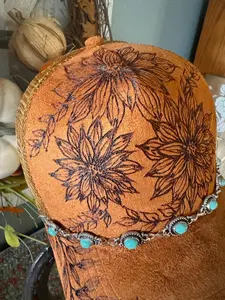 Custom Burned Beautiful Sunflower, daisy and some leaves on vines Baseball cap 5 Panel suede hat ball cap