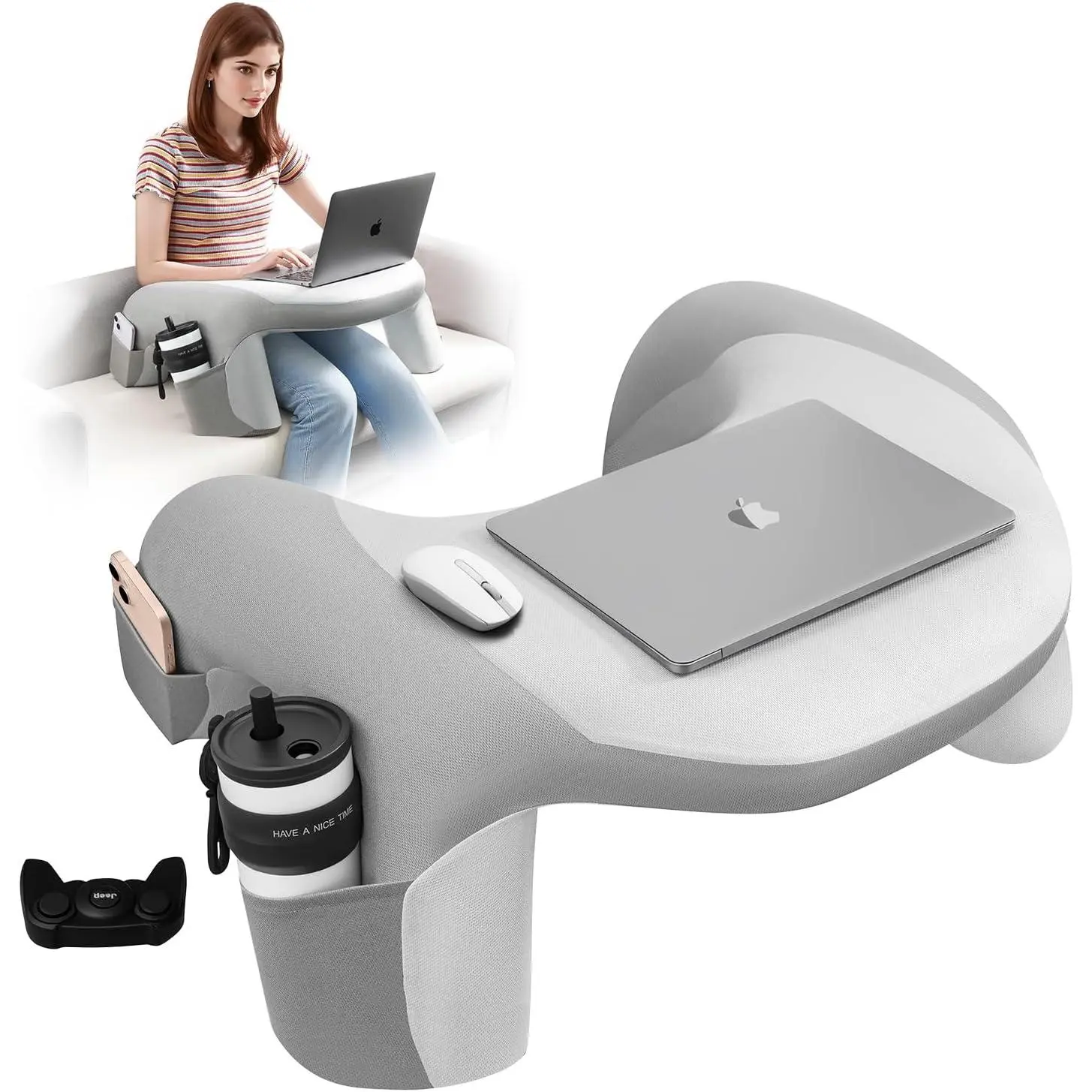 Reading Pillow for Bed, Lap Desk for Laptop, Memory  Arm Rest Support Gaming Pillow with Cup/Phone Pocket, Laptop Lap Desk for Working, Gaming, Reading  Couch Bed Floor- Grey