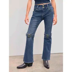 Cider [size 0-26] High Stretch Denim Mid Rise Solid Belted Flared Jeans