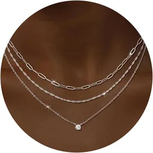 Layered Silver Necklace for Women Trendy,Dainty Silver Plated Stackable Charm Necklace Layering Paperclip Tennis Rope Chain CZ Pendant Jewelry Set Gifts