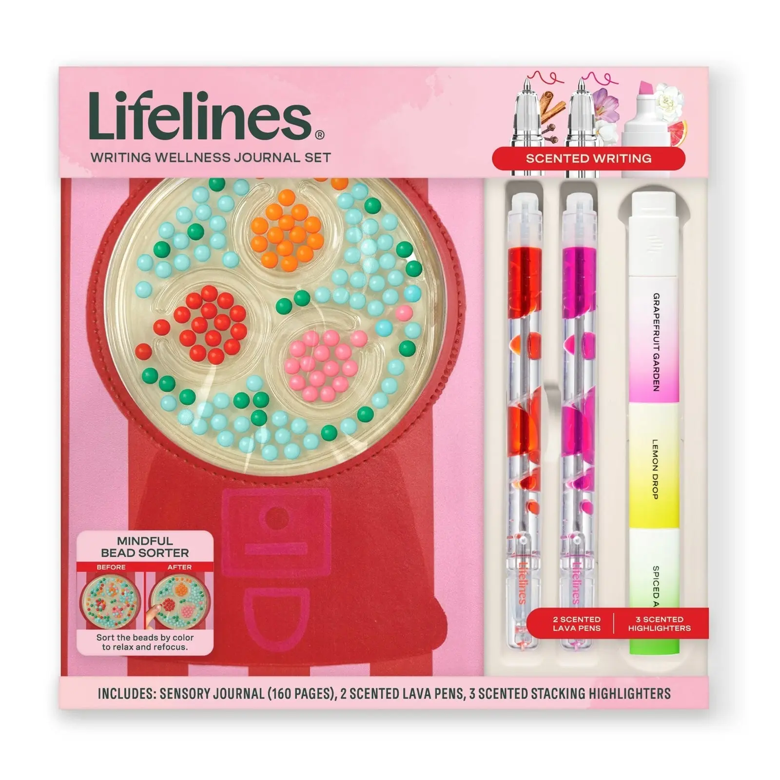 Lifelines Mindful Journal Wellness Set - Office Stationery Notebook Set with Bead Sorting Gumball, Lava Pens, Scented Highlighters, Embossed Page Patterns, Enhances Focus, Promotes Relaxation, Reduces Stress