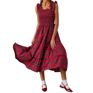 Women Sleeveless Dress Summer Casual Plaid Print Ruffled A-Line Party Dress for Beach Club Streetwear Red Green