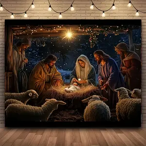 1pc Glam Style Polyester Christmas Nativity Scene Garage Door Cover - Rectangular Outdoor Winter Yard Decoration, No Electricity Needed - For Holiday Celebrations - Perfect Gift for Christmas Lovers