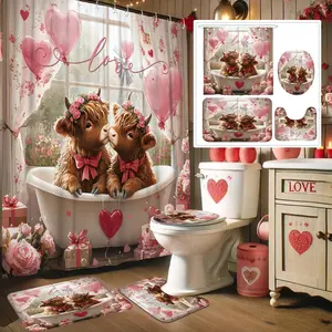 Valentine's Day Highland Cow Pattern Shower Curtain Set with Hooks, 4 Counts/set Including Shower Curtain & Toilet Mat & Bath Mat & U-shaped Mat, Bathroom Accessories for Home Decor