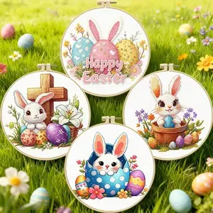 4 Pack Easter Bunny Egg Cross Stitch Kit for Beginners, Full DIY Rabbit Embroidery Starter Set with Hoop, Threads & All Tools