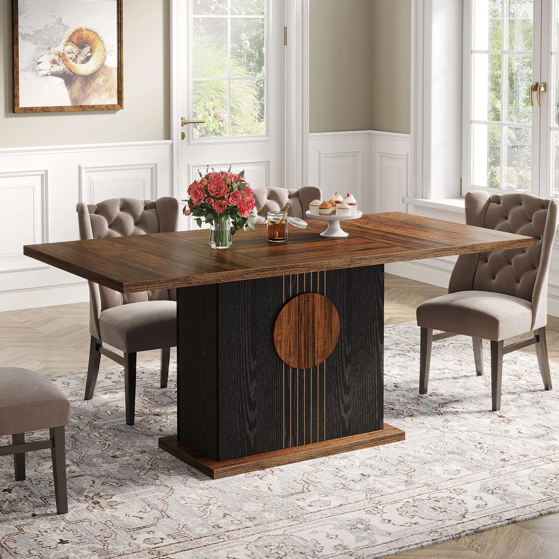 Tribesigns Modern Farmhouse 55" Rectangular Dining Table for 4-6 People Brown & White Double Pedestal Engineered Wood Kitchen & Dining Room Table Tribesigns Modern Farmhouse 55" Rectangular Dining Table for 4-6 People Brown & White Double Pedestal Engineered Wood Kitchen & Dining Room Table