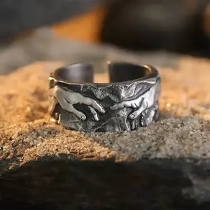 SHOW CRAFT Men's Hand of God Ring: Retro Masterpiece Art Versatile Niche Design Unique Artwork in Sand Setting