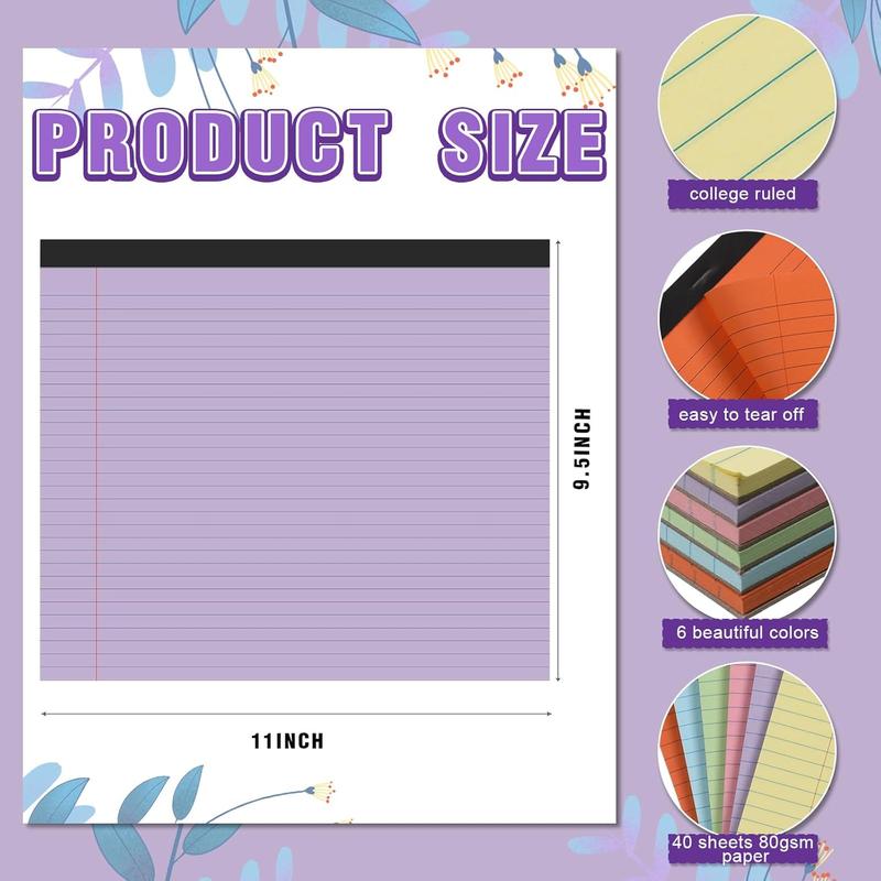 6 count 11" x 9.5" Legal Pads College Ruled Notepad Landscape Notebook Horizontal Lined Notebook 80 Gsm Assorted Colors Paper Pastel Writing Pads for School Office, 40 Sheet (Bright Color)