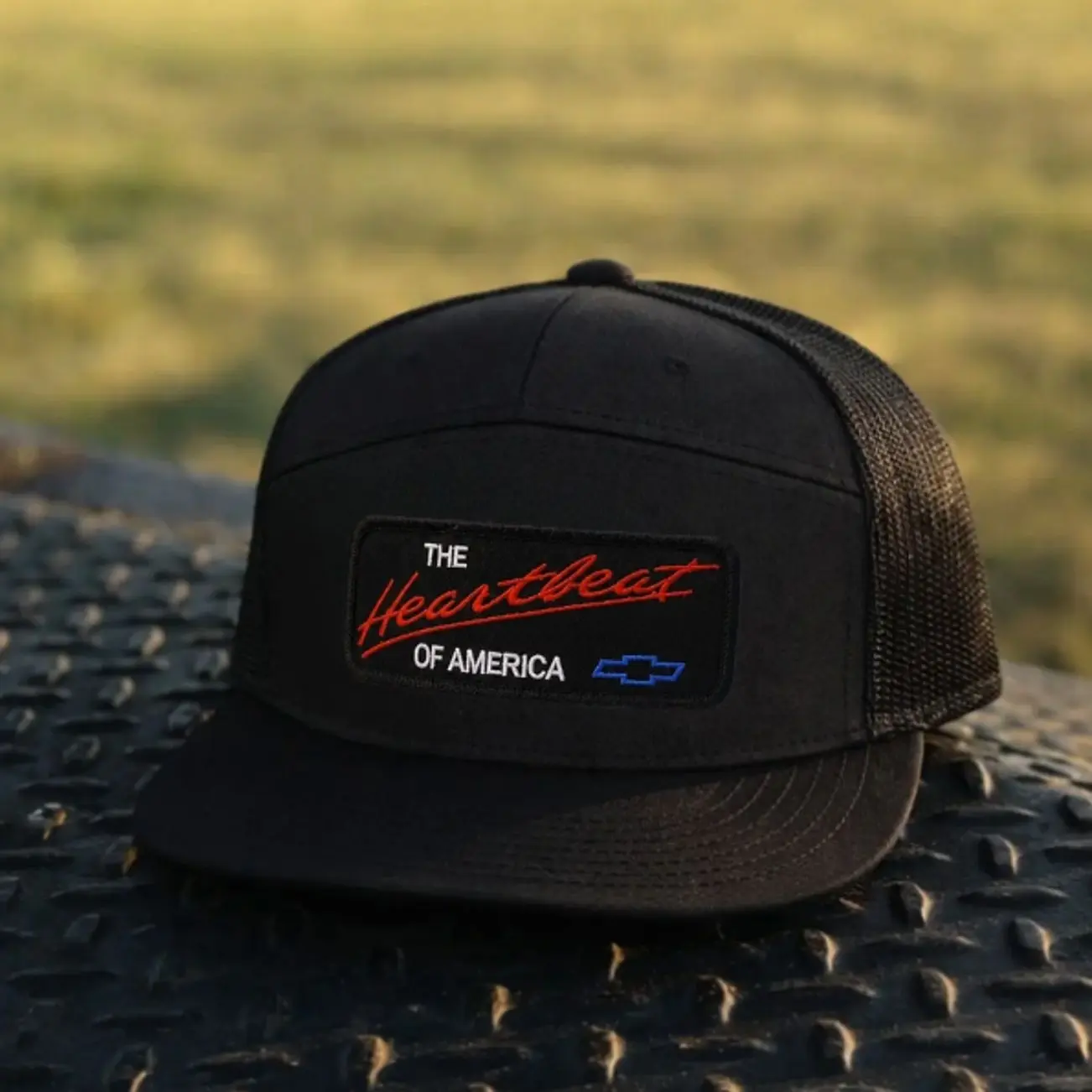 Heartbeat of America Embroidered 7 Panel Trucker Hat, White Mesh Snapback Cap, Vintage Patch Flat Bill Hat, Retro Trucker Cap, Adjustable Gift for Men