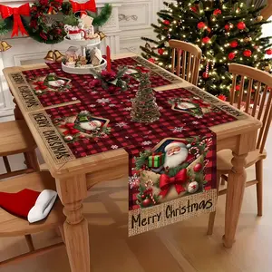 2D flat printing, Party decoration supplies, 1/4/5/6/7 pieces set, Christmas checkered table flag and placemat set - red and green holiday table decoration with Santa Claus, snowflakes and gift patterns