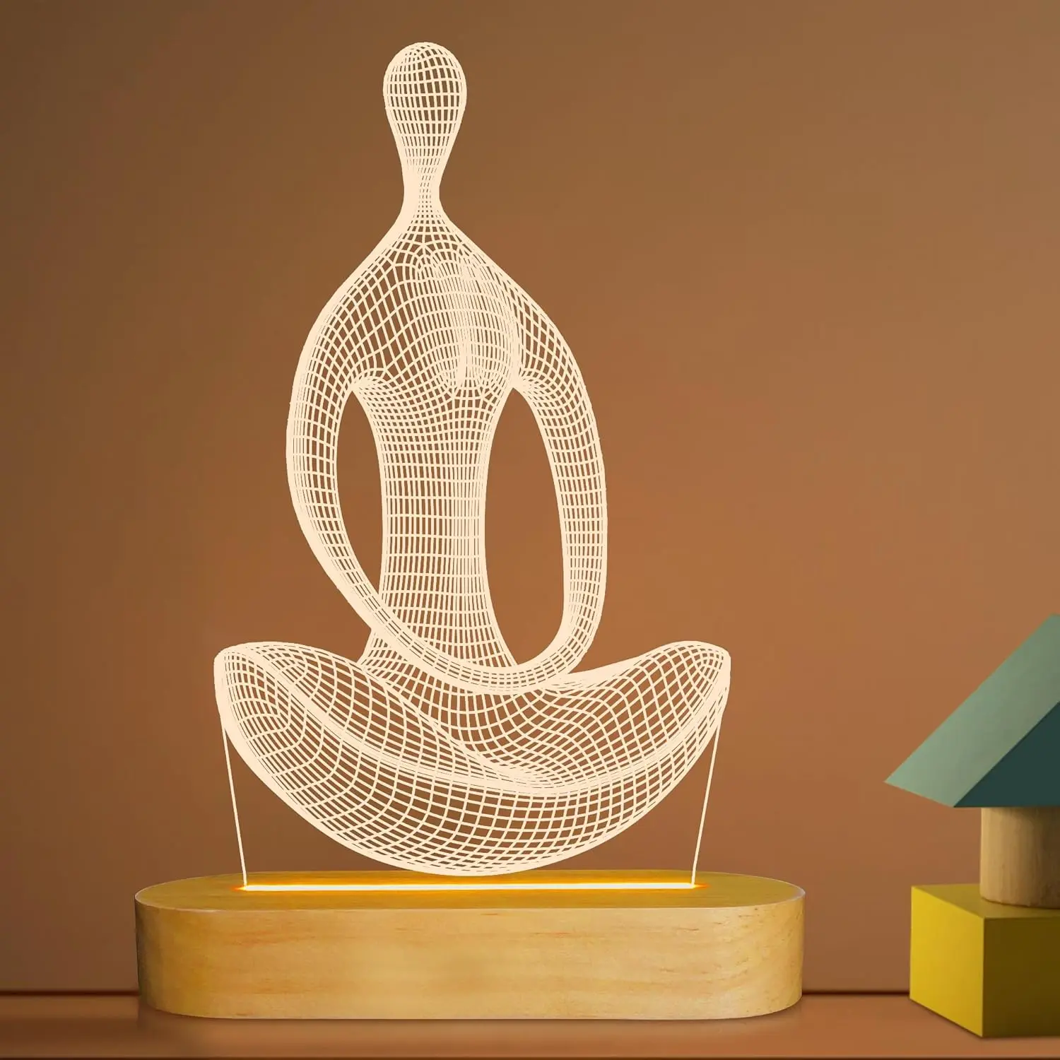 Yoga Lamp, 3D Yoga Night Light Christmas Gifts for Women Yoga Lovers, Birthday Anniversary Ideal Gifts with USB Power Warm Color Wood Yoga Room Decor (4.3 * 7.7 in)