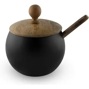 Sugar Bowl with Lid and Spoon – Matte Black Ceramic Sugar Container with Wooden Lid, Drum-Shaped Sugar Jar for Kitchen, Coffee Bar, Tea, Spices & Condiments