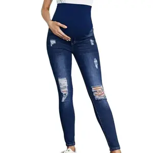 Elegant Maternity Denim Jeans with High Waist and Belly Support Ripped Design Perfect Slim Fit Stretch Pants for Spring Pants womenswear Pregnant Maternityclothes