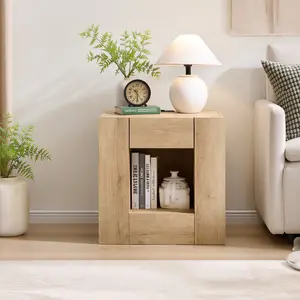 REDLEMON Modern Rustic Nightstand – 1 Drawer, Open Cubby, Built-In Power Strip, Compact Bedside Table for Bedroom, Living Room or Small Spaces