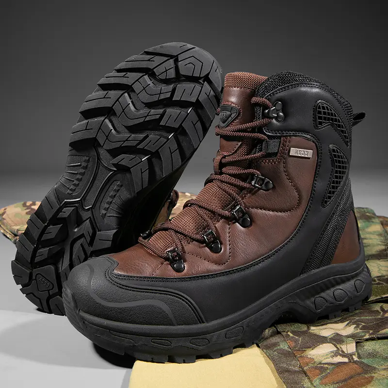 Men’s waterproof work boots/mountaineering boots, warm leather ankle snow boots suitable for outdoor climbing, hiking, backpacking, and walking.