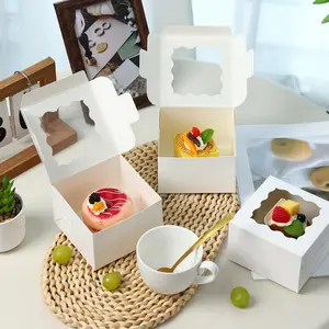 50pcs White Cookie Boxes with Window, 4x4x2.5 Inches Bakery Boxes with 5pcs Stickers for Small Cookies, Treats, Desserts, Chocolate Covered Strawberries, Mini Cake