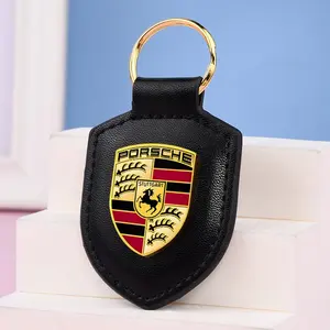 Metal Shield Leather Keychain for Porsche Models, Anti-Lost Key Ring, Car Accessories, Collectible Keychains, Auto Parts Logo