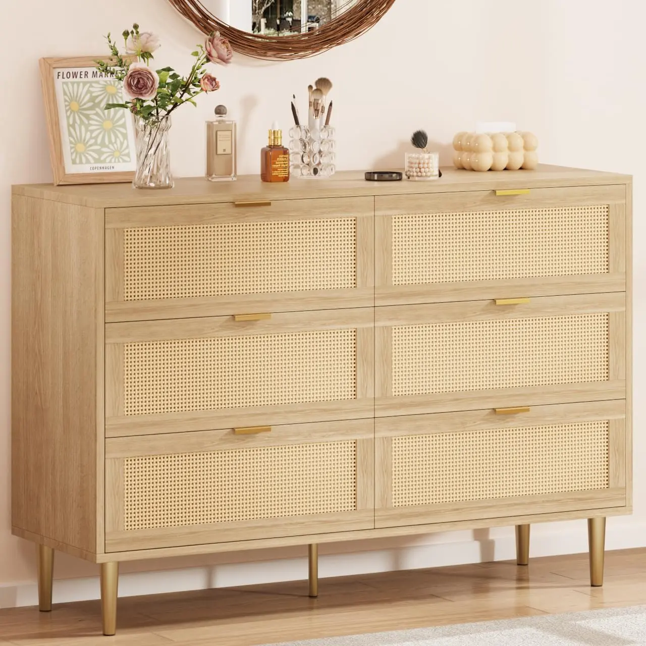 Garvee Sturdy Rattan Panel 6-Drawer Modern Storage Cupboard - Gold Legs, Gold Handles, Wide Double Chest, Large Tabletop, Anti-Tipping Design, Assembly Required, Natural Wood Finish, for Bedroom & Living Room,dorm essentials,home decor