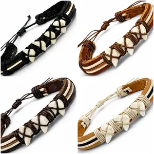 Black Shark Tooth Bracelet – Handmade Adjustable Tribal Leather Bracelet | Unisex Boho Surf Style