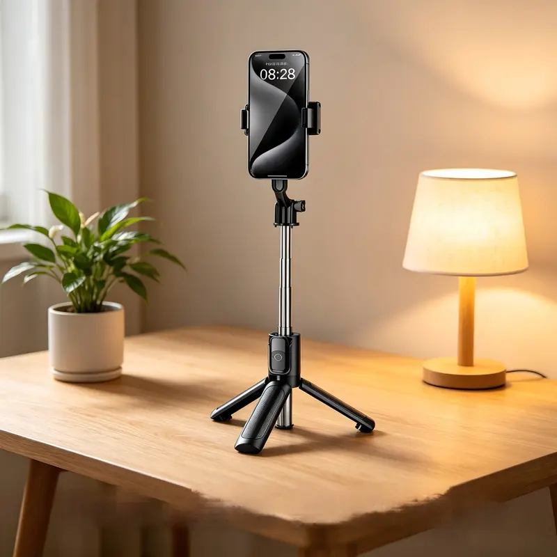 Foldable Compact Selfie Stick Tripod - Smart Push Operation, Remote Control, Extendable Adjustable Height Mobile Accessory for Android, Cellphone, iPhone, Ideal for Selfies, Tabletop Filming, Vlogging Equipment
