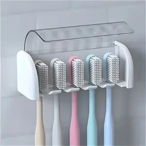 Self-Adhesive Wall-Mounted Toothbrush Holder, Plastic Bathroom Organizer for Dorms & Showers, Holds 5 Toothbrushes, No Power Needed