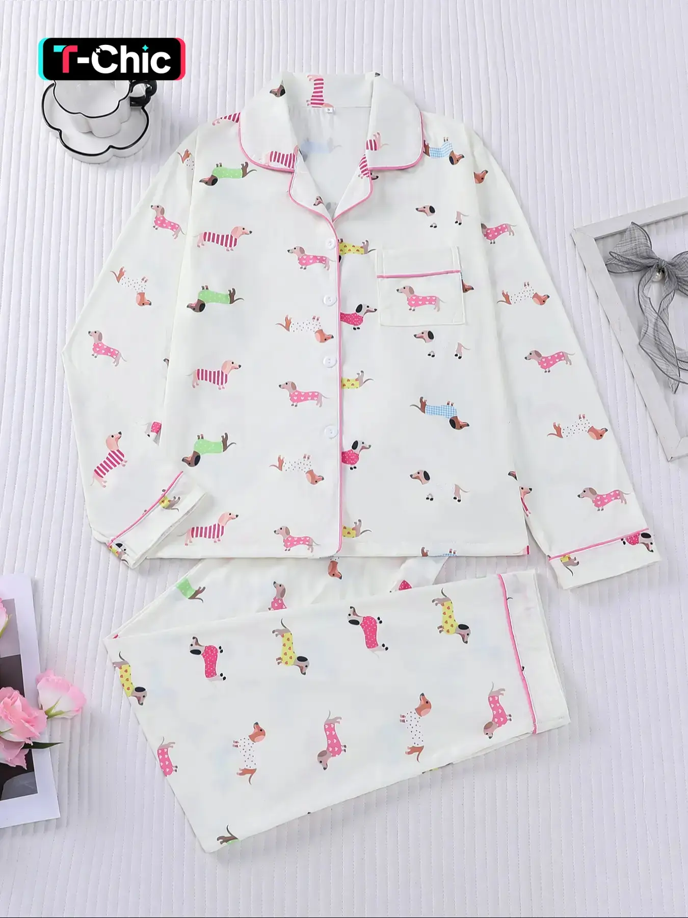 Women's Cartoon Dog Print Sleepwear Matching Set Loungewear Sets, Long Sleeve Open Front Top & Elastic Pants, Casual Fall Winter Pajamas Pjs Fit for Home Wear Womenswear Homewear