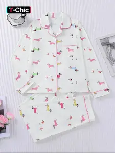 Women's Cartoon Dog Print Sleepwear Matching Set Loungewear Sets, Long Sleeve Open Front Top & Elastic Pants, Casual Fall Winter Pajamas Pjs Fit for Home Wear Womenswear Homewear