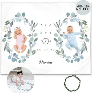 Kemina Twins Baby Monthly Milestone Blanket - Soft Fleece Baby Month Blanket with Eucalyptus Leaves Design, 50x40", Gender Neutral, Machine Washable
