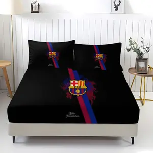 Barcelona Football Club Emblem Themed Fitted Sheet,Colorfast,Including 1 Bed Sheet and 2 Pillowcases,The Non Slip Dust Cover is Suitable for Teenagers and Adults Bedrooms and Guest Rooms,Suitable for Personal Use or as a Gift Bedding Set